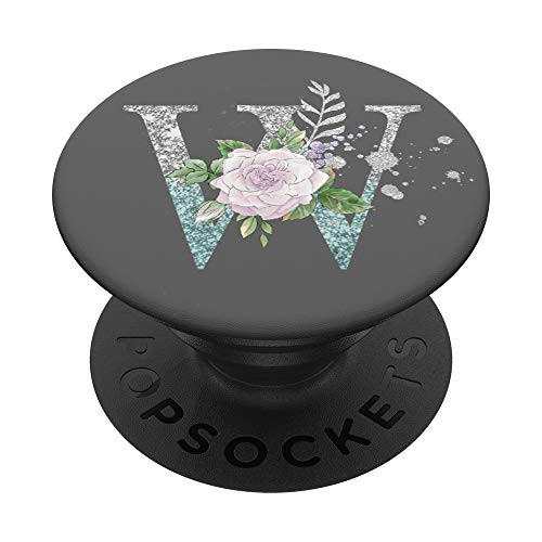 First Name Initial W Monogram Blue Rose Gray Background PopSockets Grip and Stand for Phones and Tablets