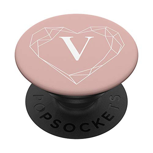 Rose Pink White Monogram Letter V Initial Heart Design PopSockets PopGrip Swappable Grip for Phones  and  Tablets