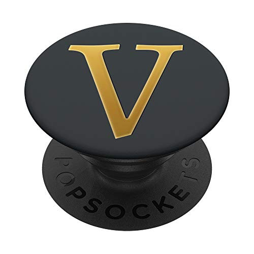 Golden Initial Letter V On Dark Gray PopSockets PopGrip Swappable Grip for Phones  and  Tablets