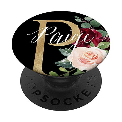 Paige First Name Initial P on Black Floral background PopSockets Grip and Stand for Phones and Tablets