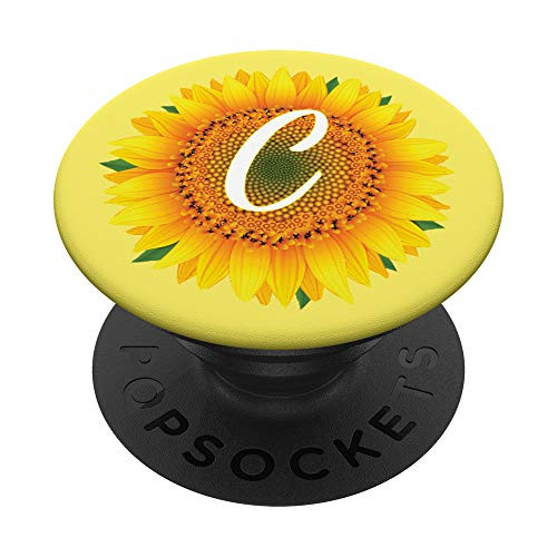Cute Yellow Sunflower Monogram Letter Initial Flower White C PopSockets Grip and Stand for Phones and Tablets