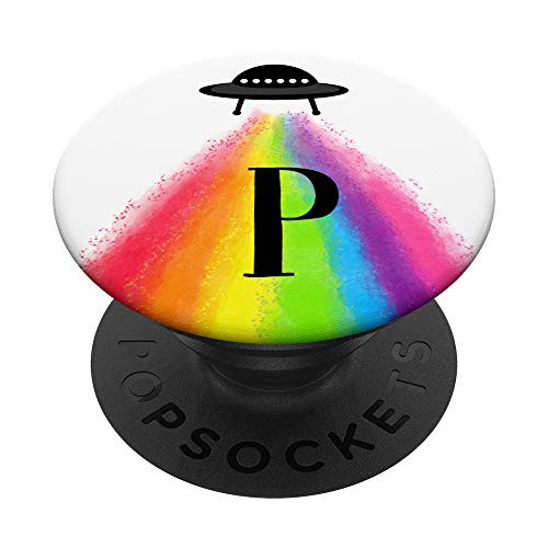 Alien UFO Watercolor Rainbow Beam Space Lover Gift Letter P PopSockets Grip and Stand for Phones and Tablets