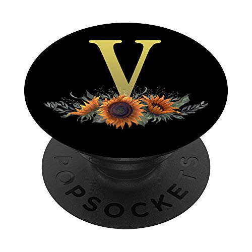 Sunflower Gold Letter V Initial Monogram Floral Black PopSockets Grip and Stand for Phones and Tablets
