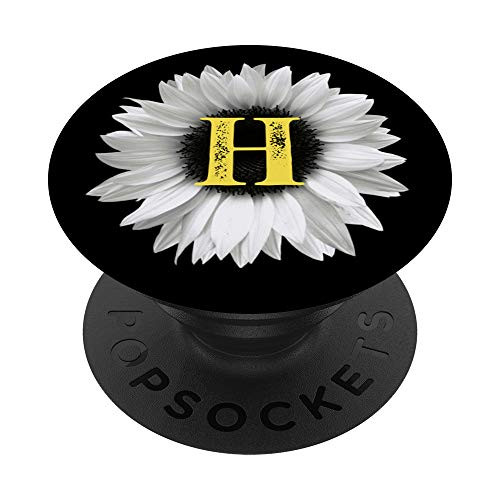 Black and White Sunflower Yellow Monogram Letter H PopSockets PopGrip Swappable Grip for Phones  and  Tablets