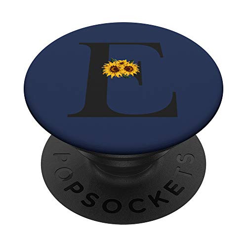 Navy Blue Monogram Letter E Yellow Sunflower Floral Black PopSockets PopGrip Swappable Grip for Phones  and  Tablets