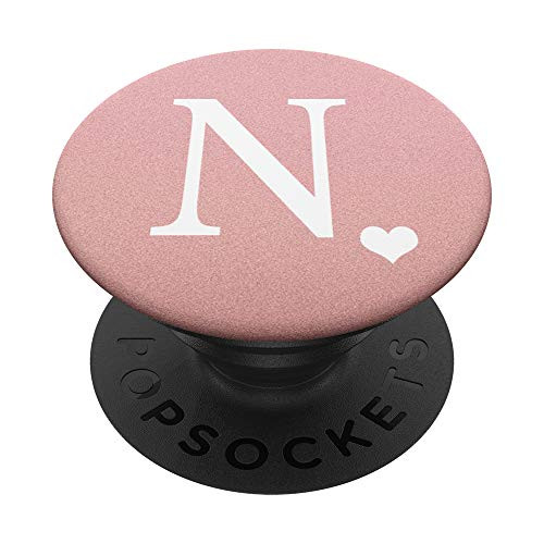 White Initial Letter N heart Monogram on Rose Pink PopSockets PopGrip Swappable Grip for Phones  and  Tablets