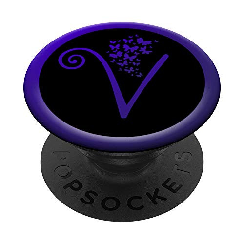Purple Letter V Alphabet Initial with Butterfly Monogram PopSockets Grip and Stand for Phones and Tablets