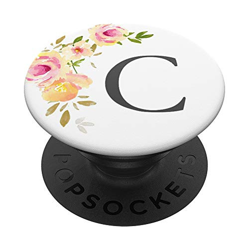 C Initial Monogram Letter Black and Peach Rose PopSockets Grip and Stand for Phones and Tablets