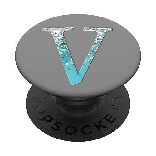 Silver Light Blue Initial Letter V On Light Grey PopSockets PopGrip Swappable Grip for Phones  and  Tablets