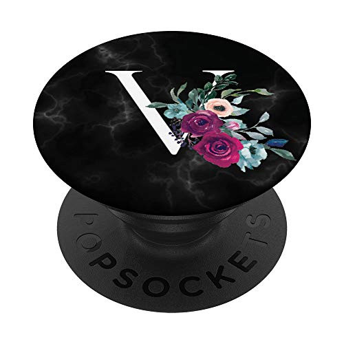 Black Purple Floral Monogram Name Initial Letter V PopSockets Grip and Stand for Phones and Tablets
