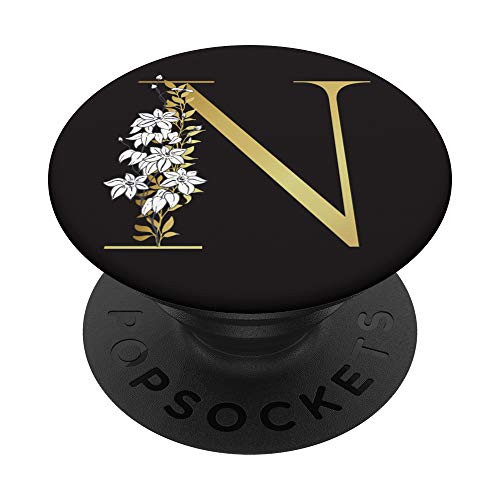 Initial N Monogram Chic Black Background Floral Letter N PopSockets Grip and Stand for Phones and Tablets