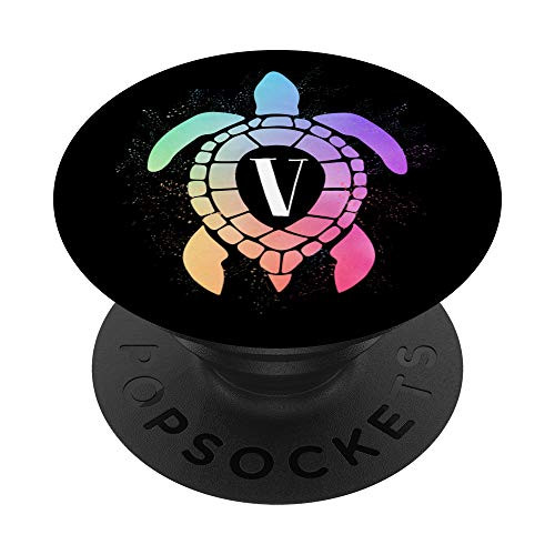 Colorful Sea Turtle Lover Gift Rainbow Ocean Letter V PopSockets Grip and Stand for Phones and Tablets