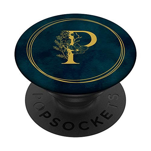 Floral Monogram Initial Letter P on Dark Blue Background PopSockets PopGrip Swappable Grip for Phones  and  Tablets