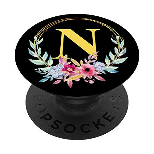 Letter N Initial Floral Flower Monogram Gift Women Girls PopSockets PopGrip Swappable Grip for Phones  and  Tablets