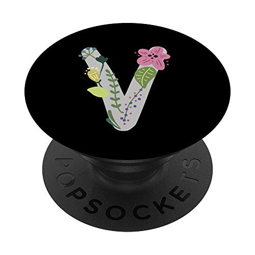 Black Floral pink Blue Flowers Initial Monogram Letter V PopSockets Grip and Stand for Phones and Tablets