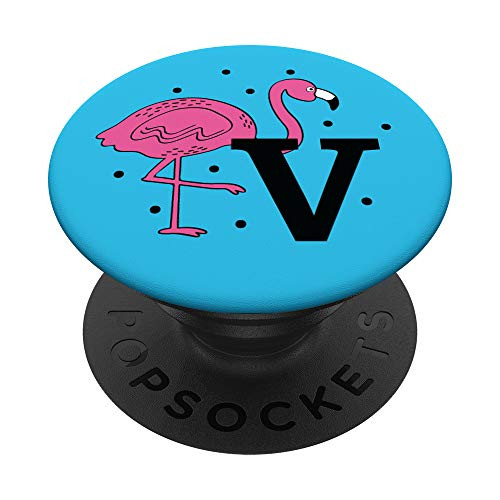 Cute Pink Flamingo Letter V Monogram Initial PopSockets Grip and Stand for Phones and Tablets