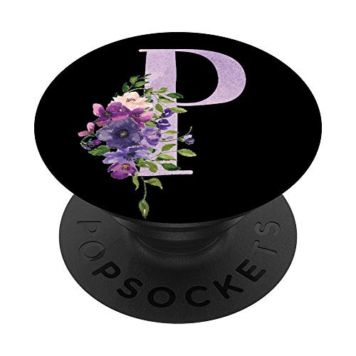 Lilac Purple Floral Flowers Black Monogram Initial Letter P PopSockets Grip and Stand for Phones and Tablets