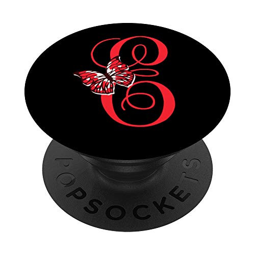 Red letter E Initial Butterfly Personalized Monogram PopSockets Grip and Stand for Phones and Tablets
