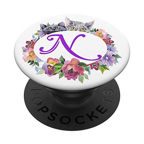Initial Letter N Monogram Cat and Flowers PopSockets Grip and Stand for Phones and Tablets