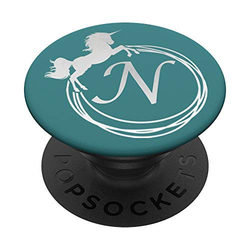 Letter N Gift Teal Unicorn Monogram Initial N PopSockets Grip and Stand for Phones and Tablets