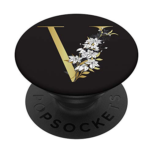 Initial V Monogram Chic Black Background Floral Letter V PopSockets Grip and Stand for Phones and Tablets