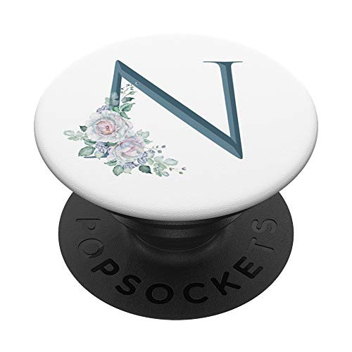 Letter N Teal Blue Floral Initial Monogram on White PopSockets Grip and Stand for Phones and Tablets