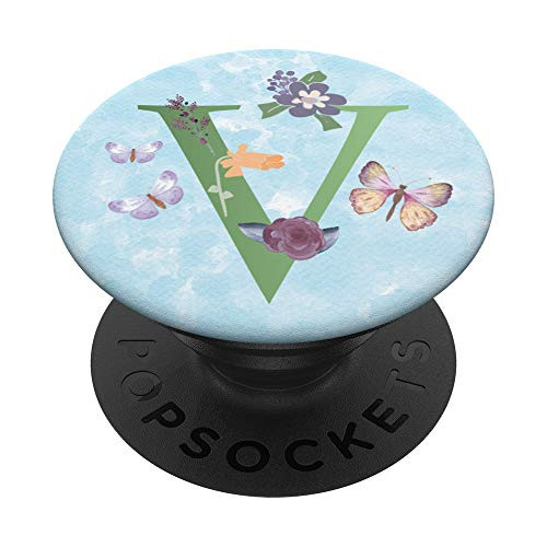 Initial Monogram Letter V Flowers Butterflies Cute Alphabet PopSockets Grip and Stand for Phones and Tablets