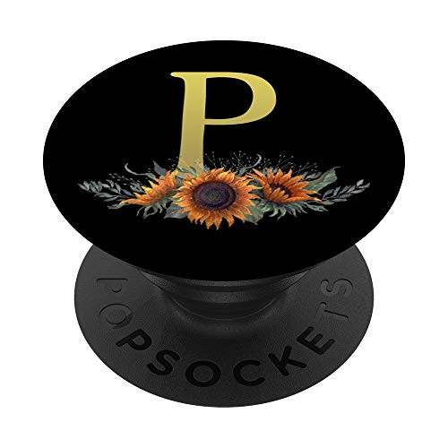 Sunflower Gold Letter P Initial Monogram Floral Black PopSockets Grip and Stand for Phones and Tablets