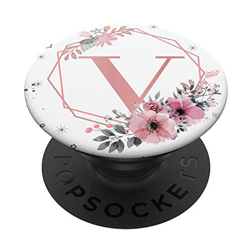 Letter V Initial Flower Pink Floral Pattern PopSockets PopGrip Swappable Grip for Phones  and  Tablets