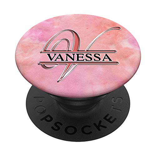 VANESSA Name Black  and  Letter V Monogram on Rose Pink PopSockets Grip and Stand for Phones and Tablets