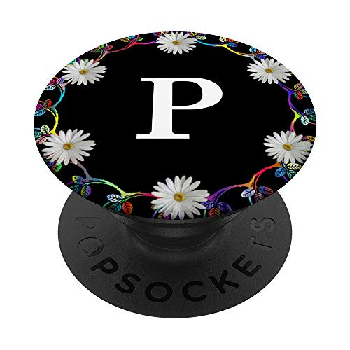 Cell Phone Pop Out HolderBlack White Daisy Flower Letter P PopSockets Grip and Stand for Phones and Tablets