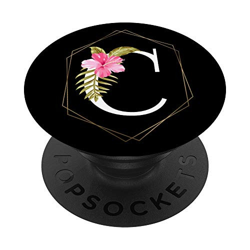 Letter C Monogram Initial Name Pink Floral on Black PopSockets Grip and Stand for Phones and Tablets