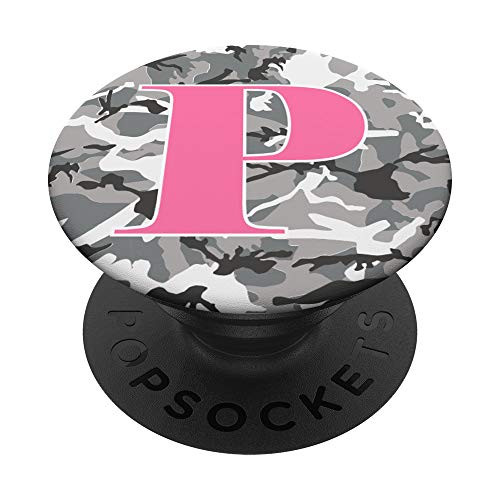 Winter Camo with Pink Letter P Initial PopSockets PopGrip Swappable Grip for Phones  and  Tablets