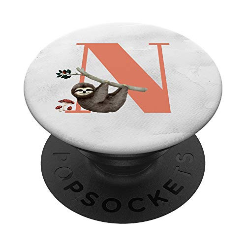 Cute Sloth Coral Color Monogram Initial N PopSockets PopGrip Swappable Grip for Phones  and  Tablets