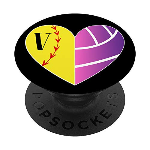 Softball Volleyball Heart Girl Gift Pink Purple Letter V PopSockets Grip and Stand for Phones and Tablets