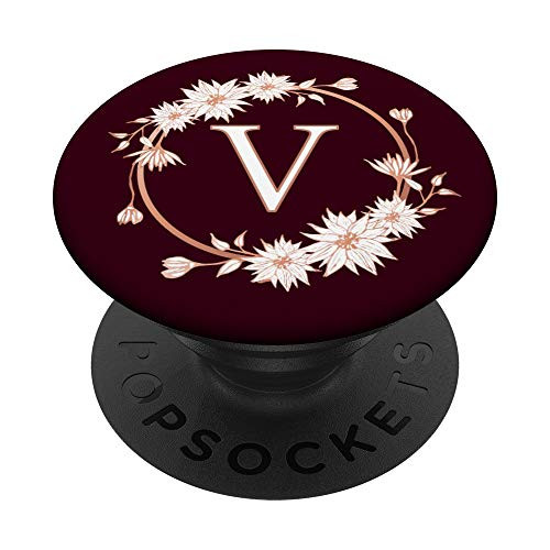 Letter V Initial Vintage White Floral Maroon Monogram PopSockets Grip and Stand for Phones and Tablets