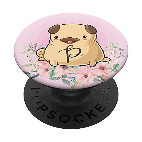 Pug Flowers Pink Monogram Name Initial Letter P PopSockets Grip and Stand for Phones and Tablets