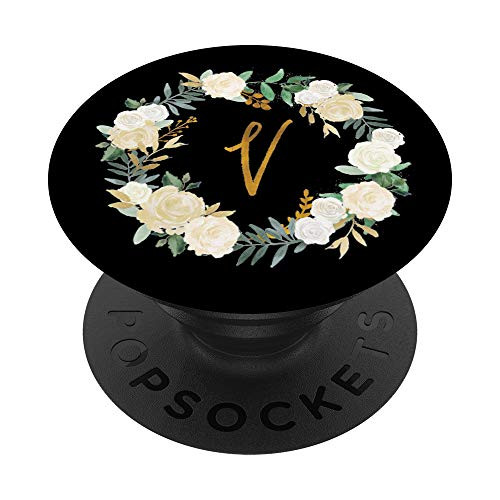Black and White Floral Wreath Monogram Initial Letter V PopSockets Grip and Stand for Phones and Tablets