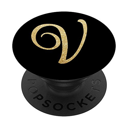 Letter V Initial Monogram Black and Tan Fancy Cursive PopSockets Grip and Stand for Phones and Tablets