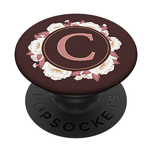 Letter C Initial Vintage Rose White Floral Maroon Monogram PopSockets Grip and Stand for Phones and Tablets