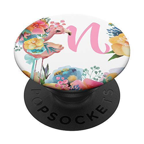Pretty Flamingo Baby With Flowers Monogram Initial Letter N PopSockets Grip and Stand for Phones and Tablets
