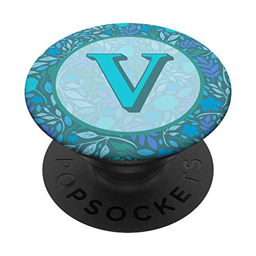 Letter V Initial Monogram Floral Leaves Teal Blue Pattern PopSockets Grip and Stand for Phones and Tablets