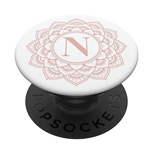 Blush Pink Mandala Flower Black Monogram Letter N Initial PopSockets PopGrip Swappable Grip for Phones  and  Tablets