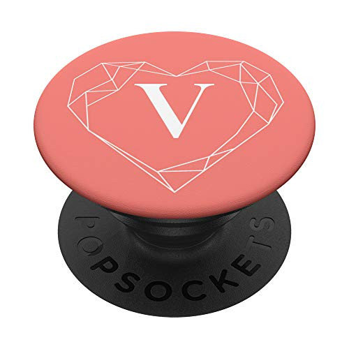 Coral Pink White Monogram Letter V Initial Heart Design PopSockets PopGrip Swappable Grip for Phones  and  Tablets