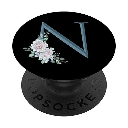 Letter N Teal Blue Floral Initial Monogram on Black PopSockets Grip and Stand for Phones and Tablets
