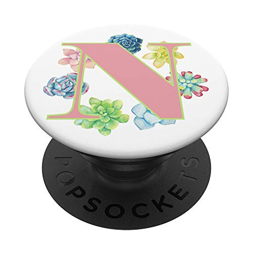 Pink Letter N Succulent Watercolor PopSockets PopGrip Swappable Grip for Phones  and  Tablets