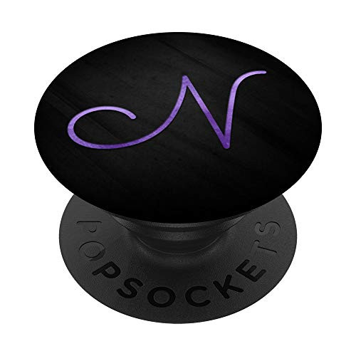 Purple watercolor Letter N Monogram On Black PopSockets Grip and Stand for Phones and Tablets