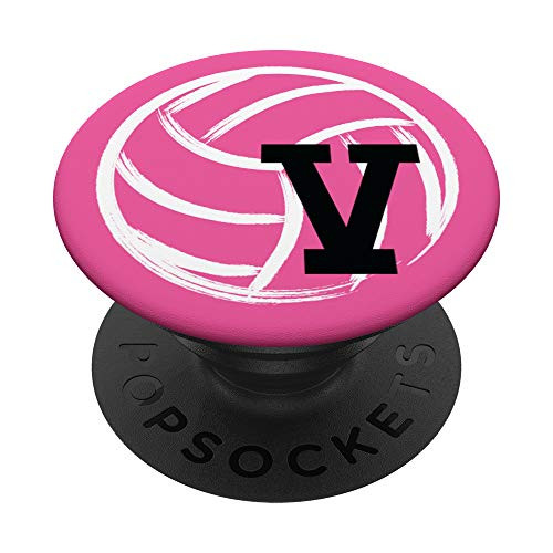 Monogram Initial V - Pink Volleyball With Letter V PopSockets Grip and Stand for Phones and Tablets