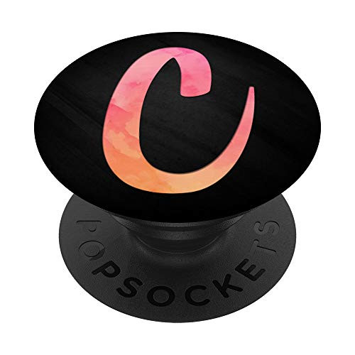 Pink orange watercolor Letter C Monogram On Black PopSockets Grip and Stand for Phones and Tablets
