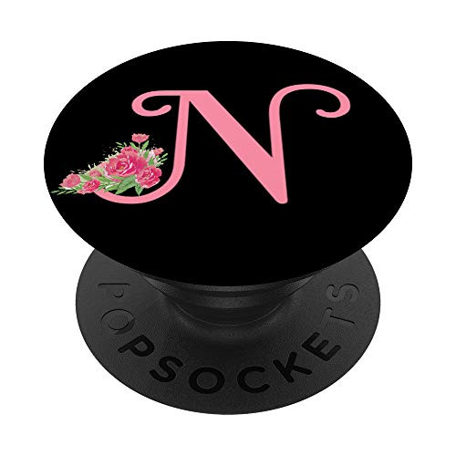 Letter N pink black monogram floral initial N with roses PopSockets Grip and Stand for Phones and Tablets